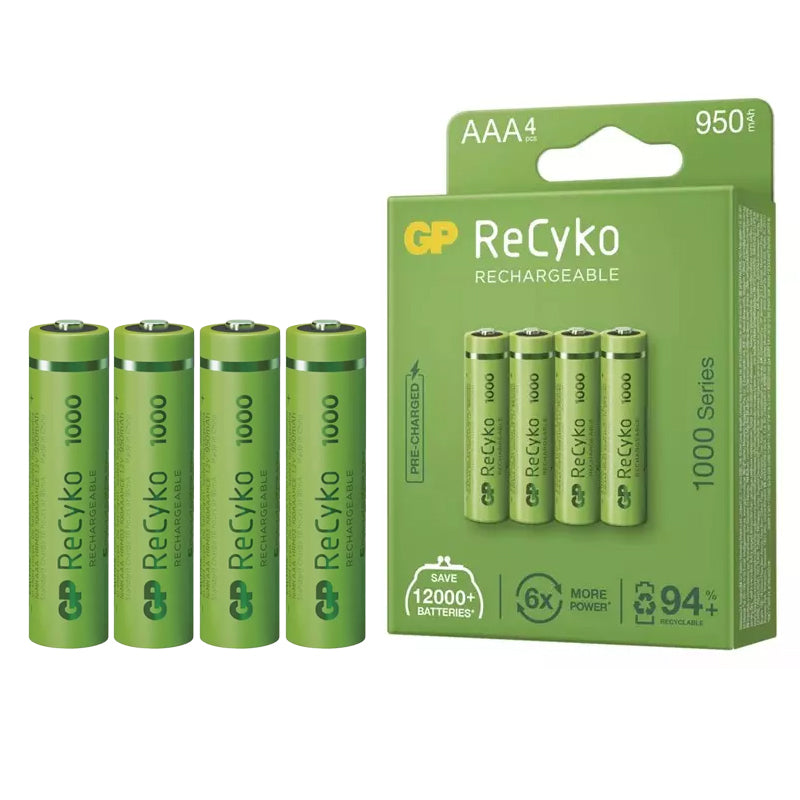 BATERÍAS AAA RECARGABLES GP 950 MAH NIMH RECYKO PACK DE 4 UNIDADES