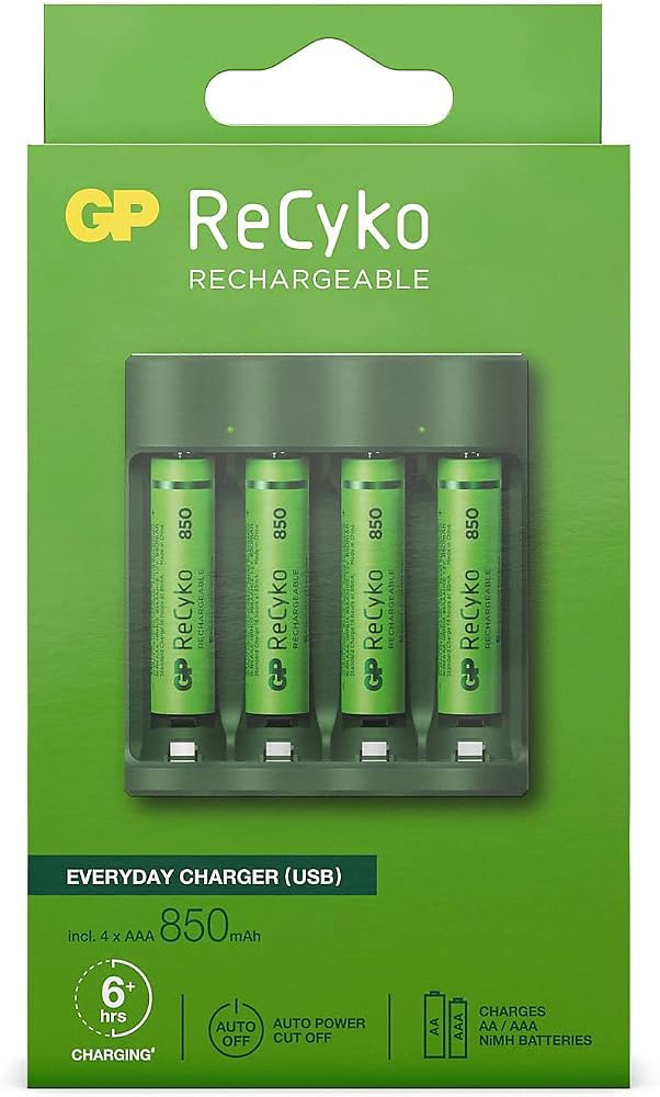 CARGADOR 4 PUERTOS PARA BATERÍAS GP RECYKO + 4 AAA 850 MAH