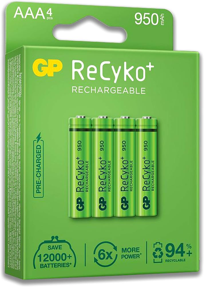 BATERÍAS AAA RECARGABLES GP 950 MAH NIMH RECYKO PACK DE 4 UNIDADES