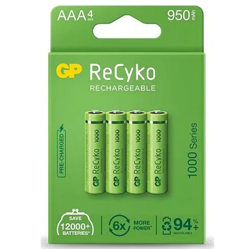 BATERÍAS AAA RECARGABLES GP 950 MAH NIMH RECYKO PACK DE 4 UNIDADES